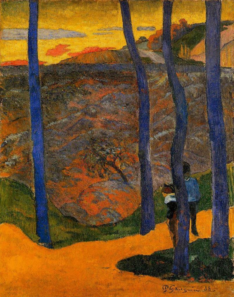Gauguin's painting of blue trees with a yellow sunset and orange foreground. 