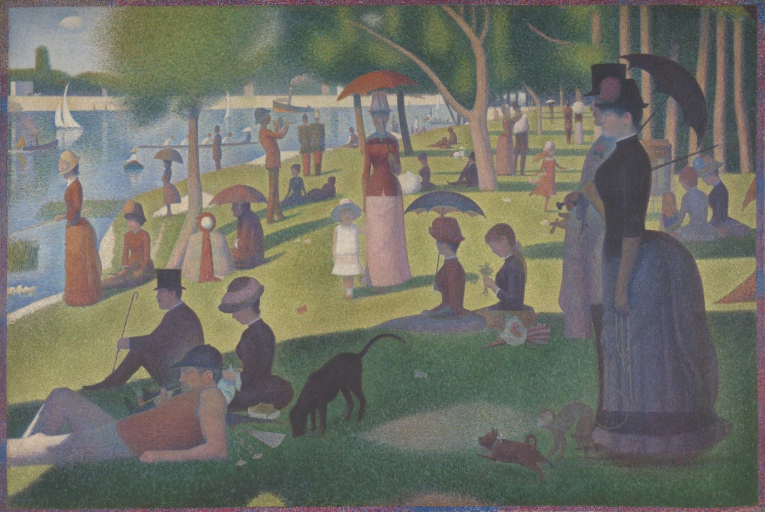 Seurat's pointillism painting of individuals enjoying an afternoon on green grass next to a body of water.